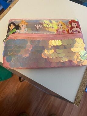 Disney Princess Pink Sequin Pouch Cinderella Rapunzel Ariel Mulan Makeup Bag